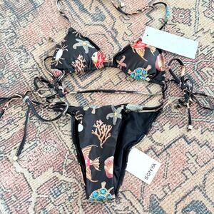SONYA (US 2) Mosaic Triangle Bikini Set Black Seashell Print NWT Swimwear